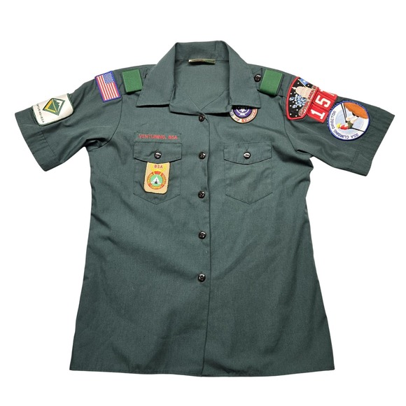 Boy Scouts BSA Venturing Shirt Womens Medium Green Uniform Made USA Patches